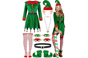Croknit 14 Pcs Women Christmas Elf Costume Set Christmas Velvet Dress Santa's Helper Costume Outfit for Xmas Party Cosplay