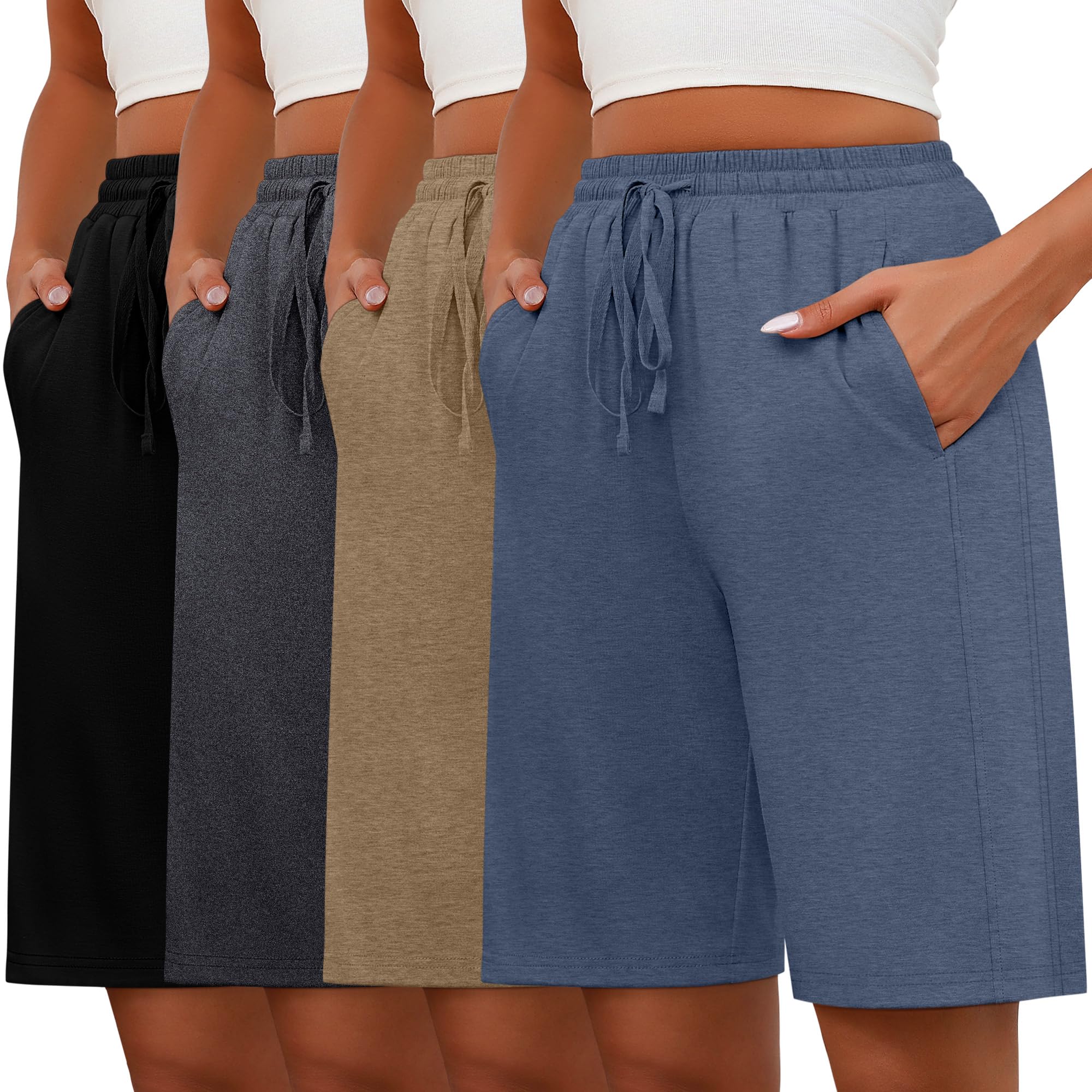 Photo 1 of Huukeay 4 Pack Bermuda Shorts for Women Drawstring Elastic Waist Sweat Cotton Wide Leg Long Shorts(Black, Dark Gray, Mocha, Haze Blue,X-Large)