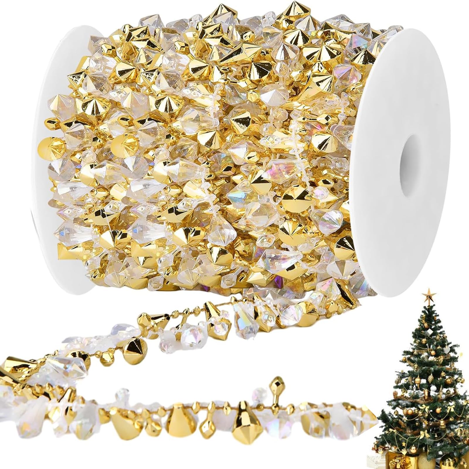 Christmas Tree Decorations, Christmas Decorations, 5M Crystal Garland Twist Bead String, for Party Decoration Wedding DIY Craft (Gold and Clear)