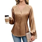 Blooming Jelly Womens Satin Silk Dressy Casual Business Blouse Button Down Long Sleeve Peplum Top Work Shirt Fall Outfit