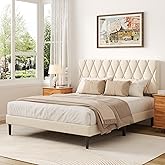 CXVX Queen Size Bed Frame with Diamond Tufted Headboard, Velvet Upholstered Platform Bed and Wooden Slat Support, Noise-Free, No Box Spring Needed, Easy Assembly, Beige