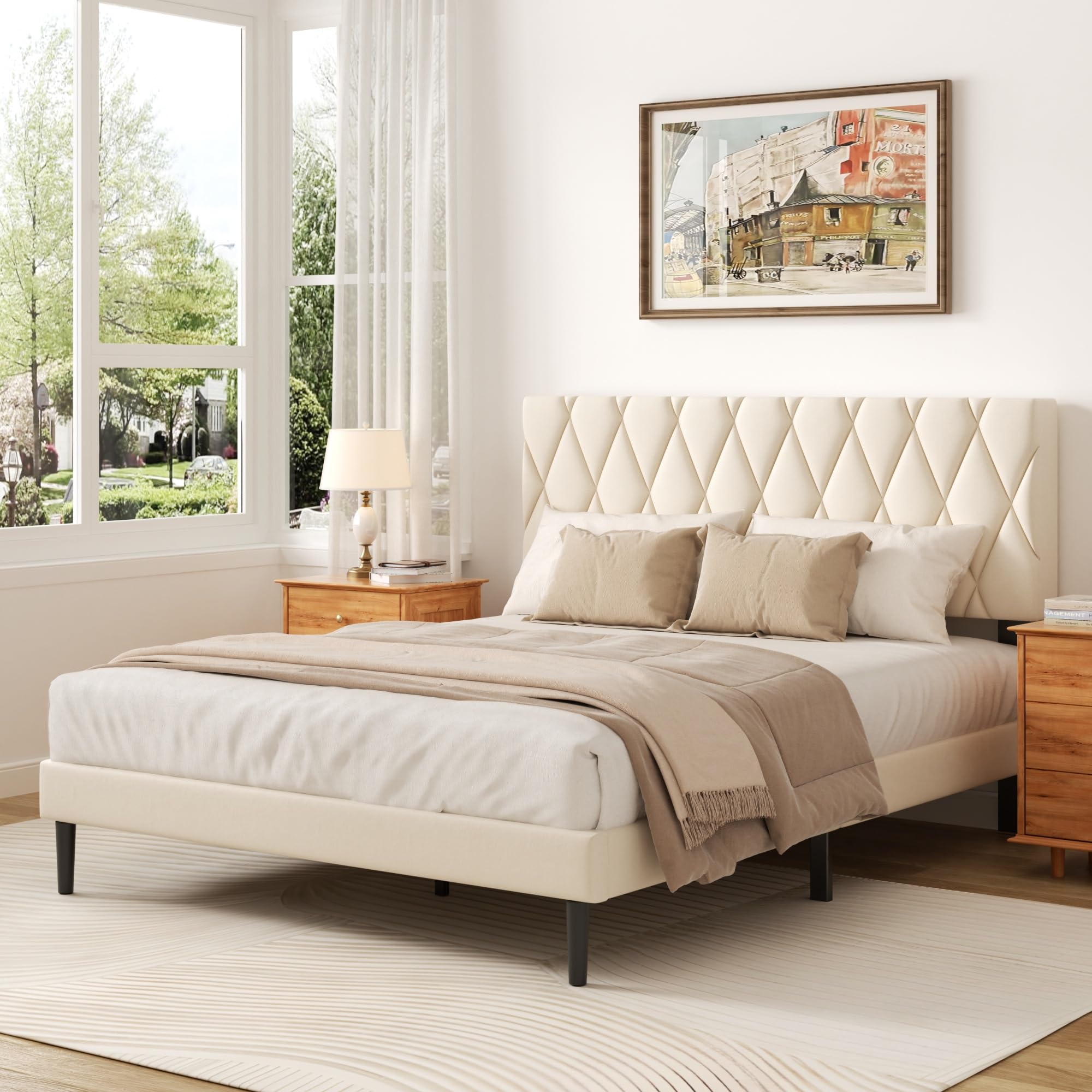 Photo 1 of ** NEW** CXVX Queen Size Bed Frame with Diamond Tufted Headboard, Velvet Upholstered Platform Bed and Wooden Slat Support, Noise-Free, No Box Spring Needed, Easy Assembly, Beige