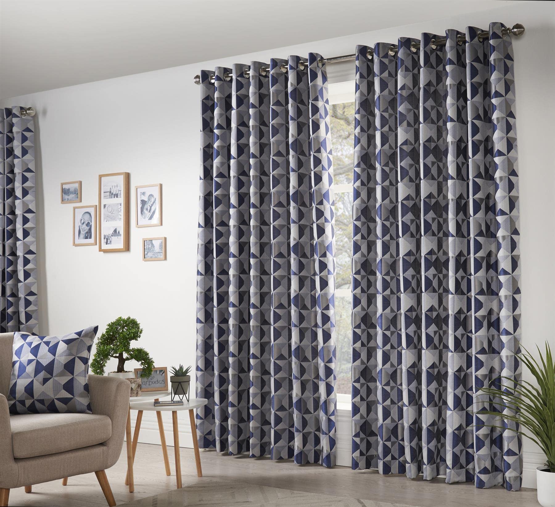 Skandi Eyelet Ring Top Curtains Fully Lined Weave Jacquard Navy 46x54