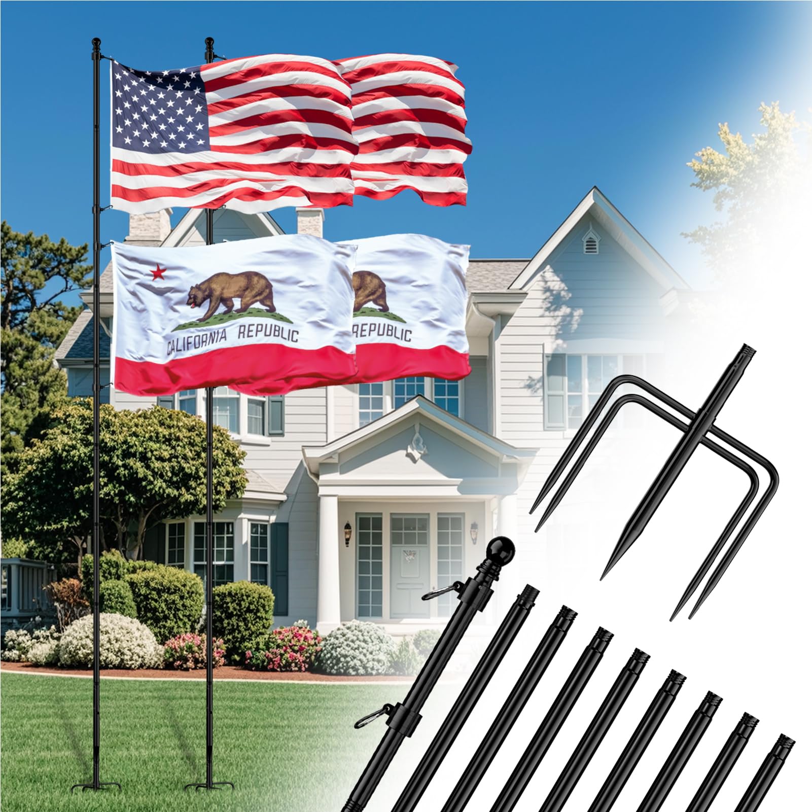 Photo 1 of ZMTECH 12FT 2PACK Heavy Duty Flag Pole with 5 Pronges Base in Ground for Yard,Tangle Free Spinning Stainless Steel