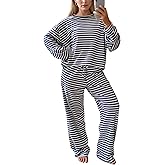 MISSACTIVER Women's Striped 2 Piece Lounge Set Casual Long Sleeve T-Shirt Drawstring Wide Leg Pants Matching Pajamas Set