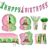 122Pcs Witch Party Supplies Pink and Green Birthday Party Decorations Witch Party Decorations Tableware Set Witch Plates and Napkins,Banner,Tablecloths,Cups for 20 Guests