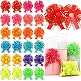 24 pcs Large Pull Bow Ribbon for Gift Baskets Warpping Holiday Mix Colors Gift Bow Gold Rim Adhesive Warp Bows for Christmas Bottles Bouquet Boxes Flower Decor Valentine's Day(24Pcs-Mix Colors-J)