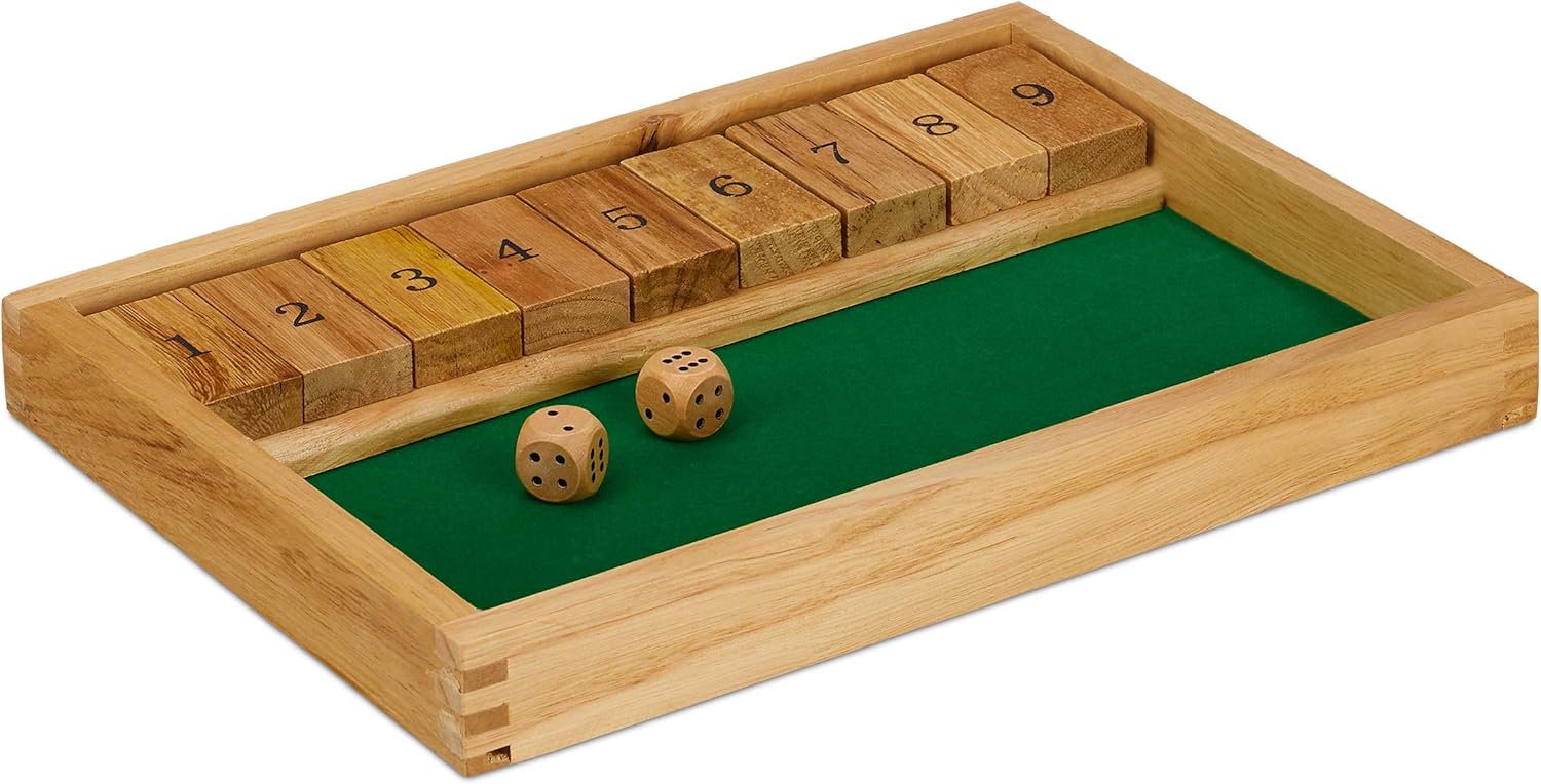 Relaxdays Cierra la Caja, Nueve Dados Tablero, Mínimo de Dos Jugadores, Juego en Familia, Marrón y Verde, Madera, Color (10023500)