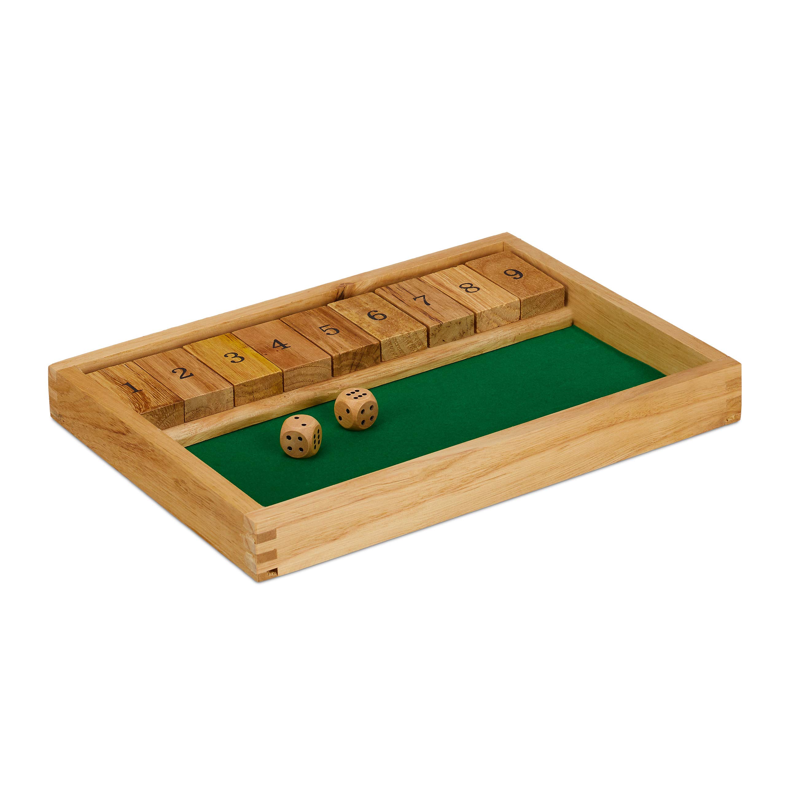 Relaxdays Shut The Box With 9 Numbers, 2 Wooden Dice & Board, For 2+ Players, Classical Family Game, Natural/Green