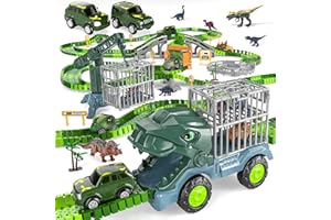 Locomoto 295 Pcs Dinosaur Toys Race Tracks, Create A Dinosaur World Road Race, Flexible Track Playset w/Dinosaur Truck, 2 Jeeps, 4 Dino Cars & 8 Dinos for 3 4 5 6 7 8 9+ Year Old Boys Girls Kids Gift