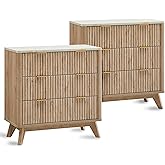 T4TREAM Fluted 3 Drawers Nightstand Set of 2, Oversized Extra Large Modern Side Table with Faux Marble Top, End Table Bedside for Bedroom, Living Room, Curved Profile Design, Natural Oak