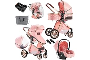 Nine point nine 3 in 1 Baby Stroller Travel System Combo Set, Reversible Infant Stroller with Aluminum Frame, Convertible Toddler Newborn Pram Carriage of One-Click Folding (UDV9-PINK with Base)