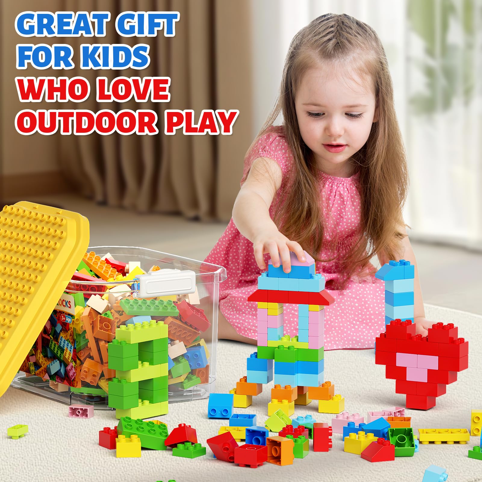 burgkidz 150PCS Jumbo Building Blocks with Clear Storage Box & Baseplate Lid - STEM Educational Toys for Toddlers 3+ Years, Compatible with Major Building Systems