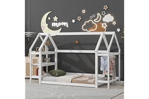 ROCKINGRUN Twin Size Wood House Bed,Wood Platform Bed with Storage Shelves and Hanger,Floor Twin Size Montessori Bed Frame, Kids Boys Girls Bedroom,Living Room,No Box Spring Required,White