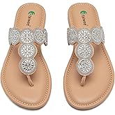 Ataiwee Women's Bohemian Bling Flat Slide Sandals - Casual Summer Thong Sandals with Rhinestone Decor, Rubber Sole, Lightweight & Comfortable for Casual Attire Strappy Sandals.