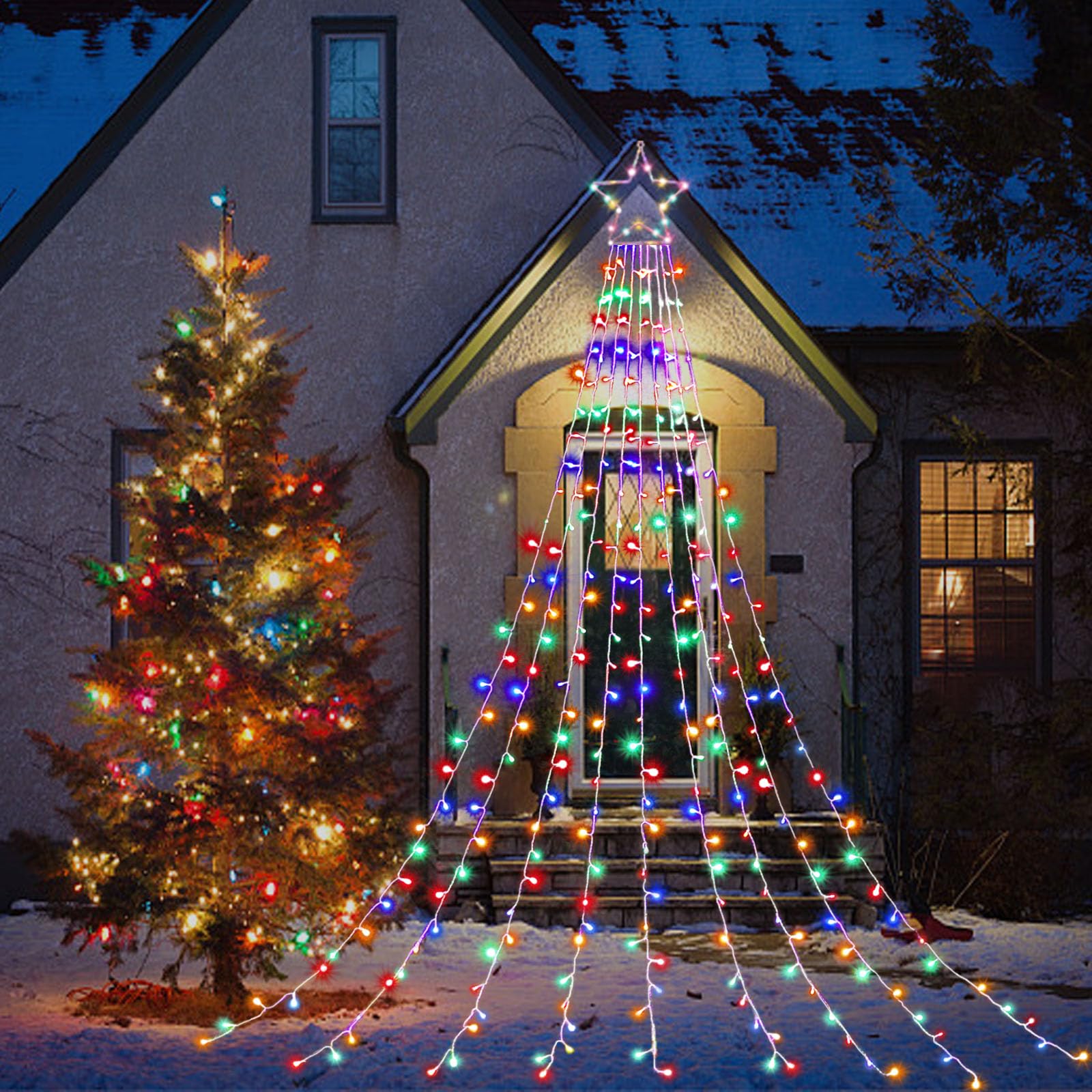 Photo 1 of **MISSING PLUG**MINIAO Christmas Decorations Star String Lights, 320 LED Waterfall Tree Lights with 13" Topper Star 8 Lighting Modes Indoor Outdoor Decorative for New Year, Holiday, Wedding, Party (Multicolor)