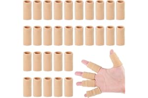Skylety 30 Pieces Finger Sleeves with 1 Storage Bag, Thumb Splint Brace Support Protector Breathable Elastic Finger Tape for Pain Relief Arthritis Trigger Sports Basketball Baseball(Beige)