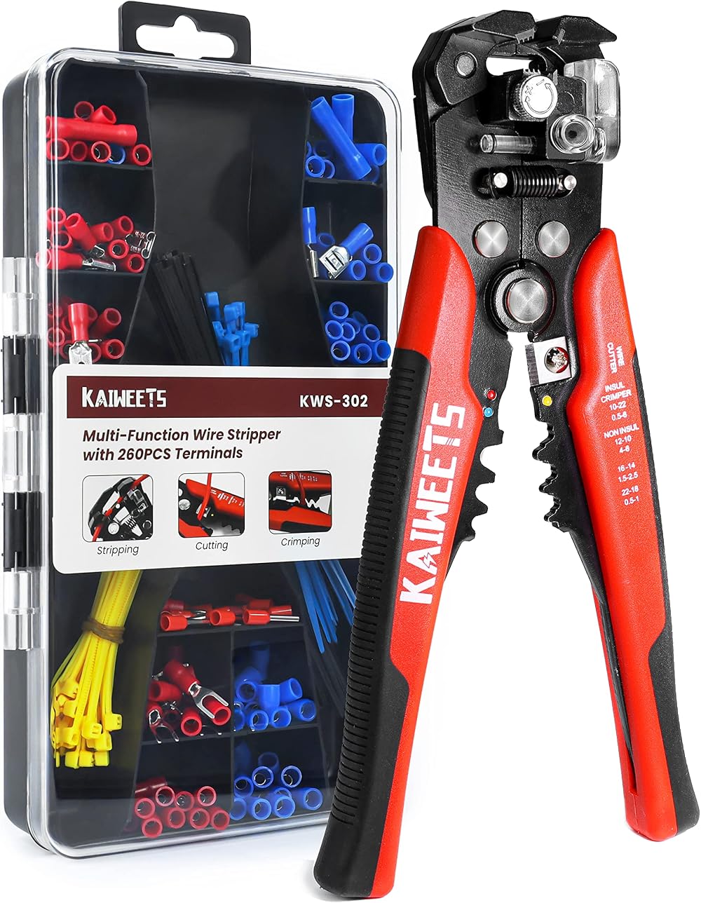 KAIWEETS Wire Stripper Crimper Set 3-in-1 10-24 AWG Auto 261 PCS Terminals