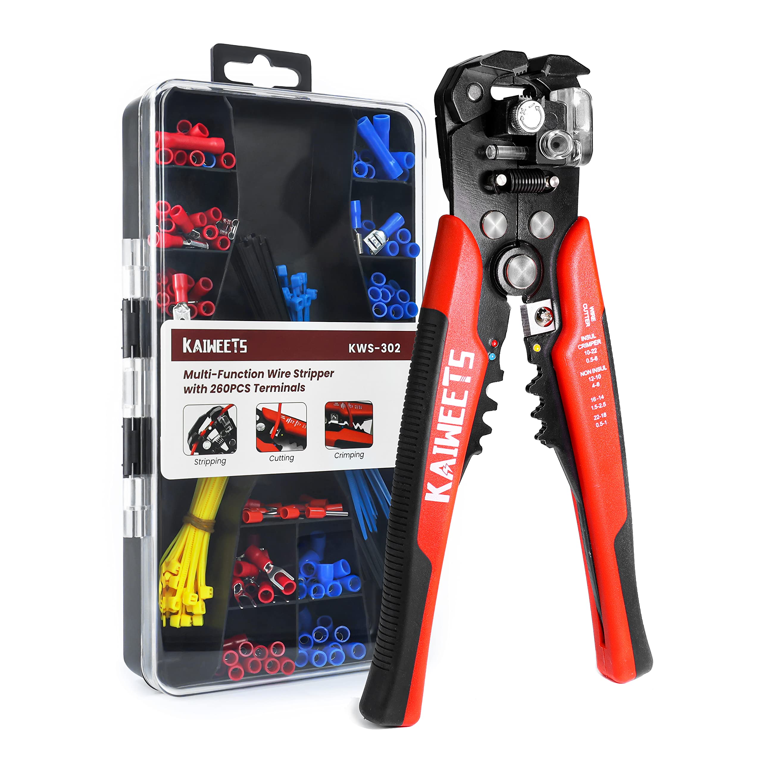KAIWEETS Wire Stripper Crimper Set, 3-in-1 Stripper Cutter Crimper AWG10-24 Compound Automatic Wire Stripper with 261PCS Terminals, for Cutting Stripping Crimping