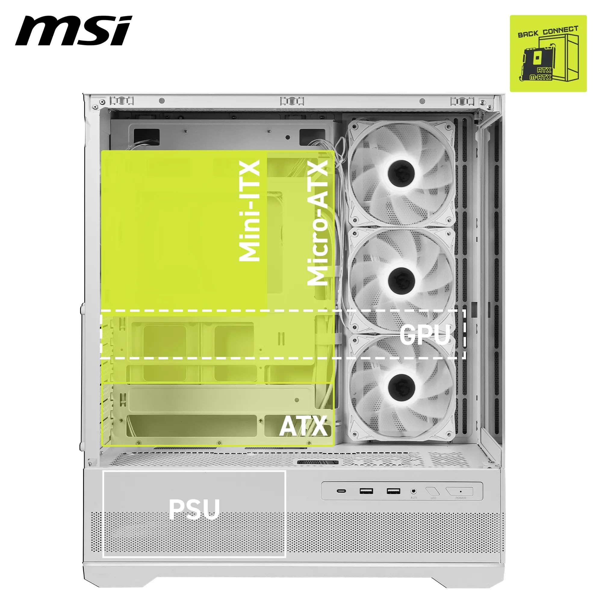 Msi Mag Pano 110R Pz White Showing Argb Lighting Effects Through Panoramic Glass Panel