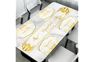 YVAINE 5Pcs Eid Mubarak Burlap Table Decorations White Gold Ramadan Mubarak Placemats and Table Runner,Eid Kitchen Dining Tab