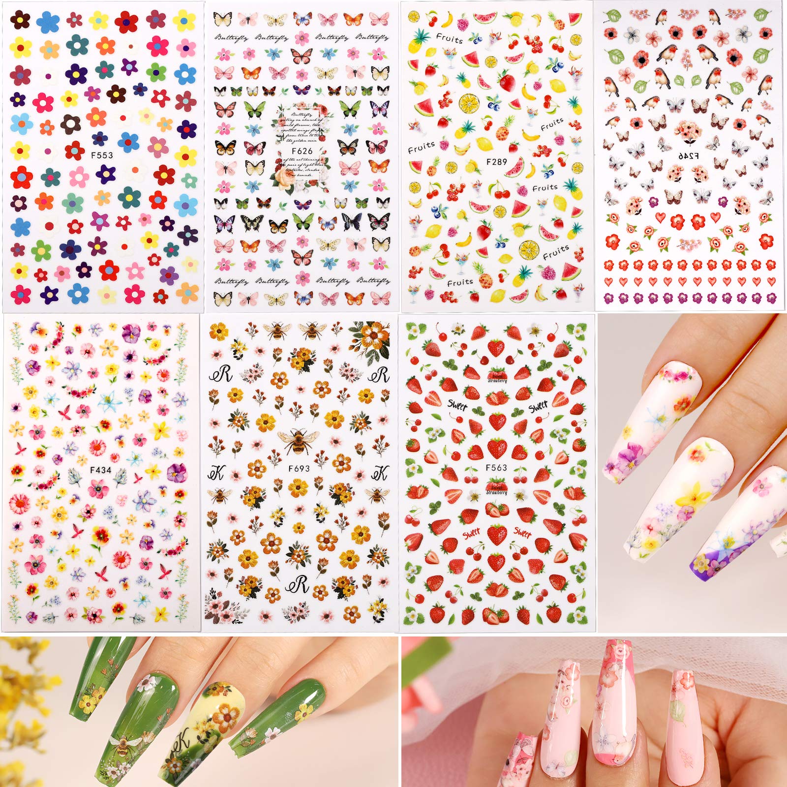 Teenitor 12 Sheets Nail Art Sticker 3D Self-Adhesive, Nail Art Decoration with 5 Boxes Holographic Nail Art Glitter Flakes Butterfly Heart Star Maple Leaf Nail Sequins and Nail Art Flower Slices - Image 2