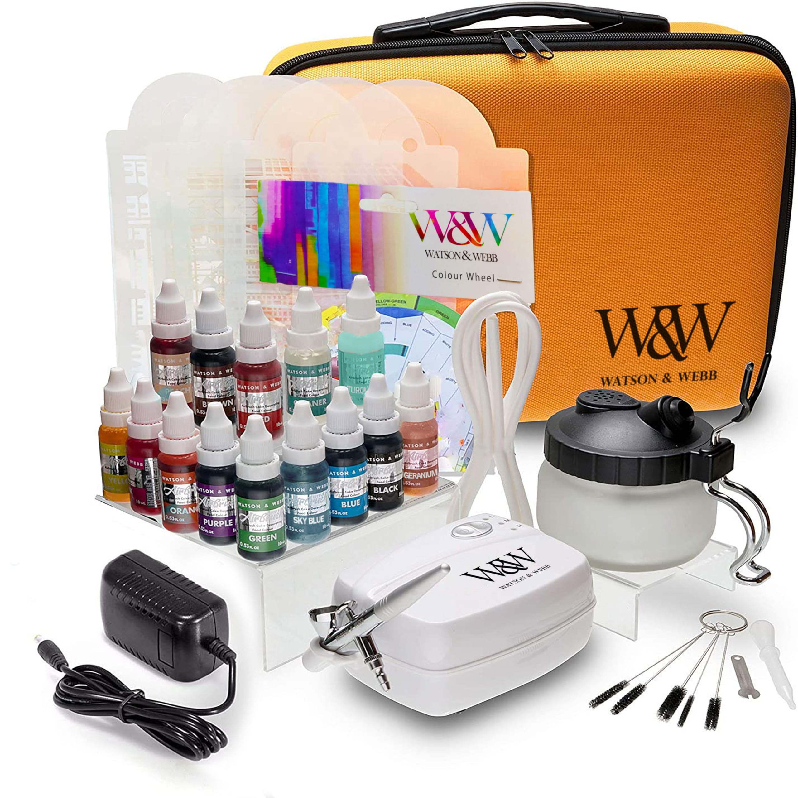 Watson & Webb Airbrush Cake Decorating Kit Airbrush Plus 13 Colours, Stencils, Cleaning Station & Case