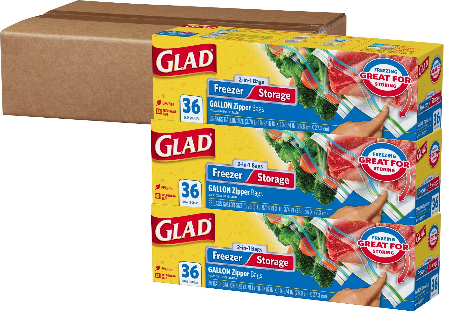 Glad Food Storage and Freezer 2 in 1 Zipper Bags Gallon 36 Count