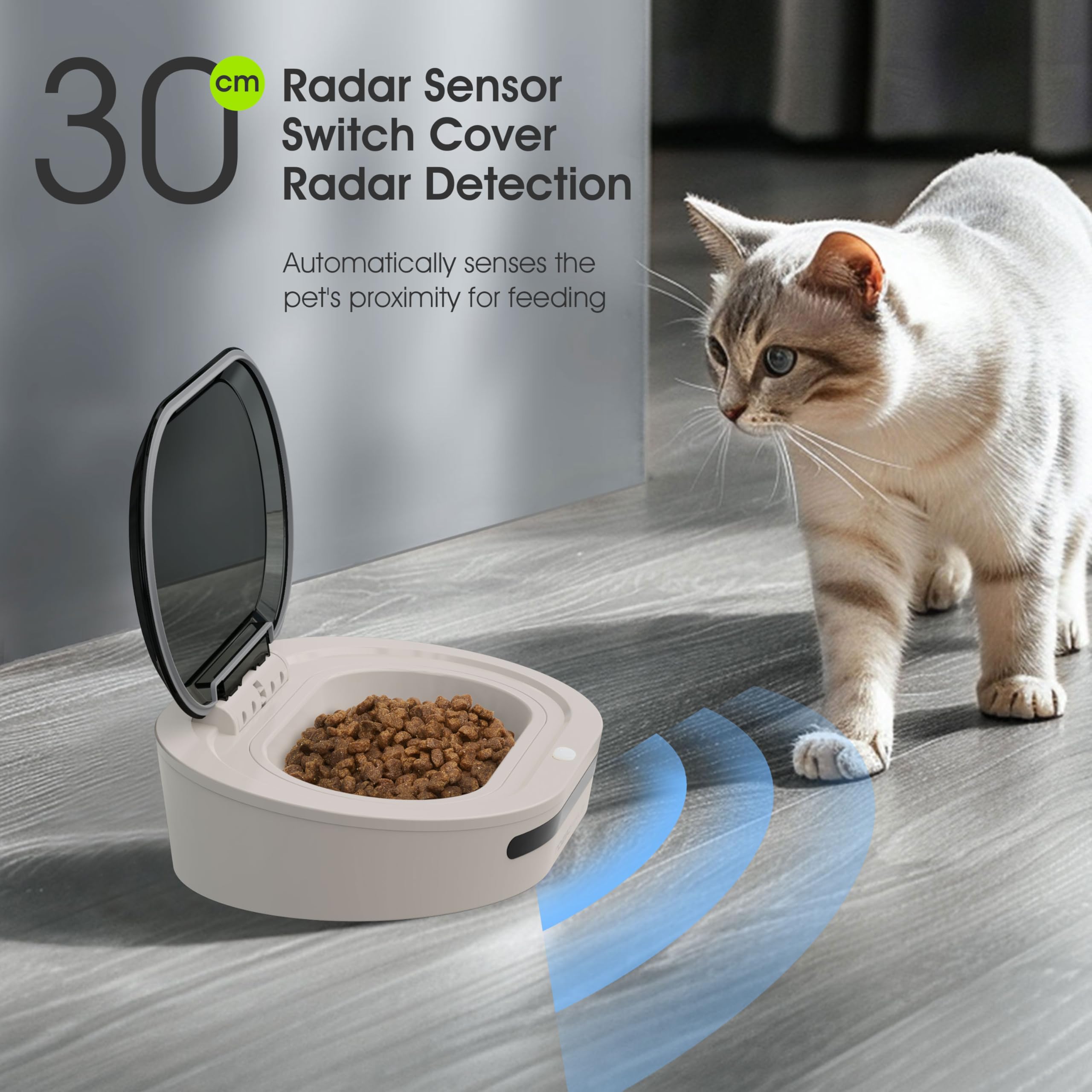 Condition photo showing New/Like New for automatic cat feeder, dustproof cat food bowl with radar sensor switch cover, dual power supply auto