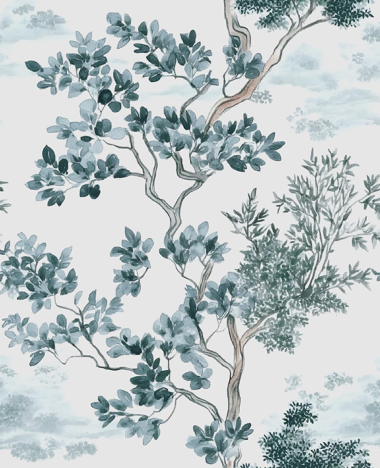 Photo 1 of VOLEAAR Tree Peel and Stick Wallpaper, Chinoiserie Nature Ink Painting Leaf Floral Removable Wallpaper for Living Room Bathroom Cabinet Stair, Boho Contact Paper Mural Wall Decor Teal 17.5In x 118In
