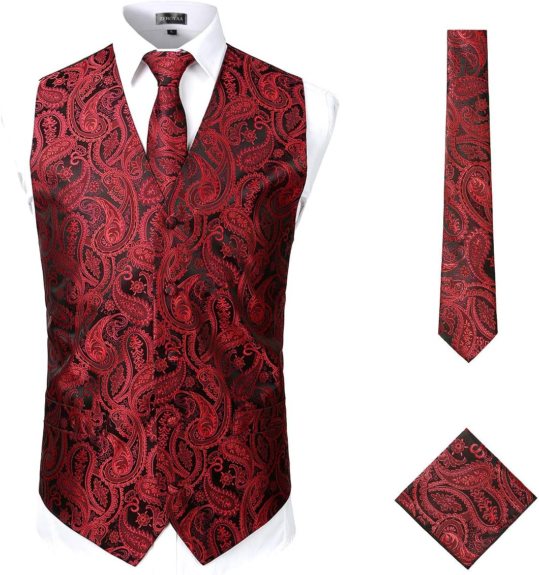 ZEROYAA Mens Classic 3pc Jacquard Paisley Vest Set Necktie Pocket Square Waistcoat for Suit or Tuxedo