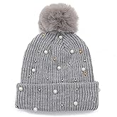Womens Slouchy Winter Beanie Hat with Fur Ball Pompom Beanie Pearl Beads Fall Hat Warm Thick Knit Skull Ski Cap