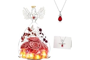 Lafloraita Mothers Day Preserved Rose Gifts for Women Mom Grandma Wife,Glass Angel Figurines with LED Light,Four Real Rose Flowers Sweet Pink