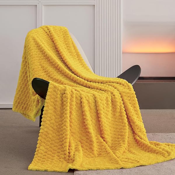 KORBLISS SUPER SOFT FLEECE TWIN BLANKET 50X70 INCHES FOR COUCH, PREMIUM SILKY WITH 3D IMITATION TURTLE SHELL JACQUARD DECORATIVE BLANKETS, LIGHTWEIGHT AND COZY FOR SOFA.YELLOW