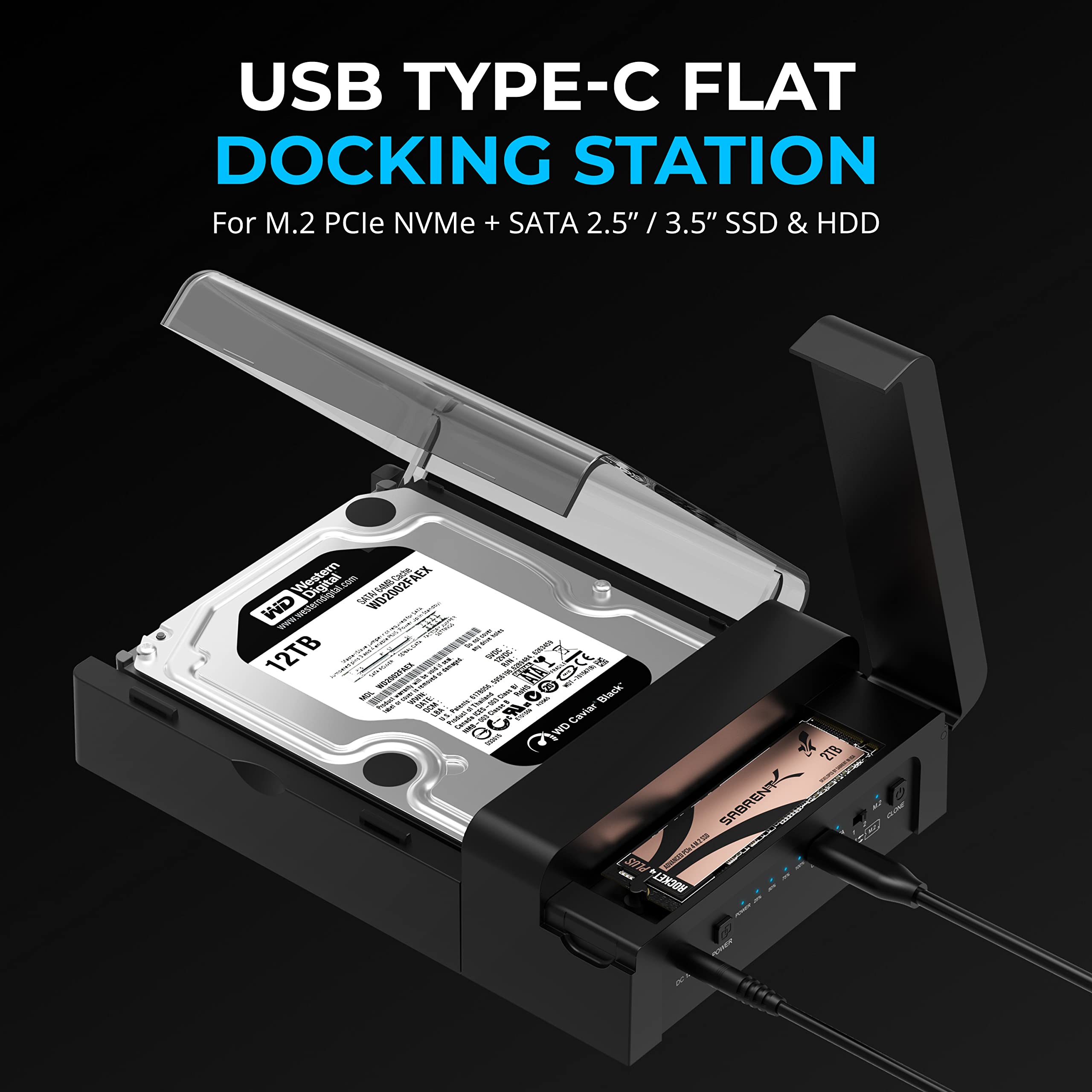 SABRENT M.2 SSD & HDD Festplatten Dockingstation, NVME Gehäuse Festplattengehäuse, 2,5" 3.5" SATA & M2 Dock, Werkzeuglos USB C 10Gbps Docking Station mit Offline Klonen, M 2 Kühlkörper (DS-UFNC) 2