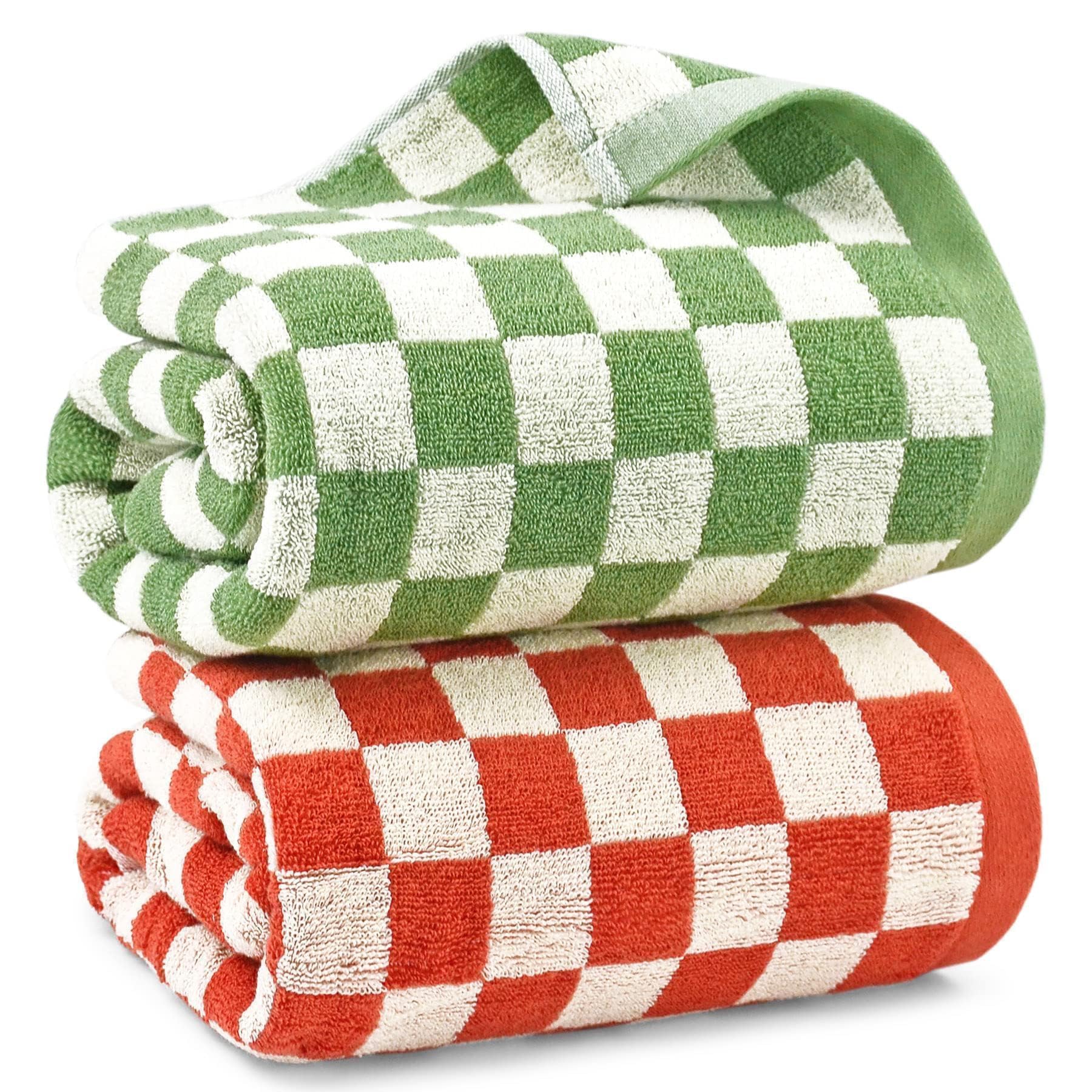 Jacquotha Checkered Bath Towels for Bathroom, 2 Pack Shower Towels 55" x 27.5", Super Absorbent and Quick Dry (Orange + Green)