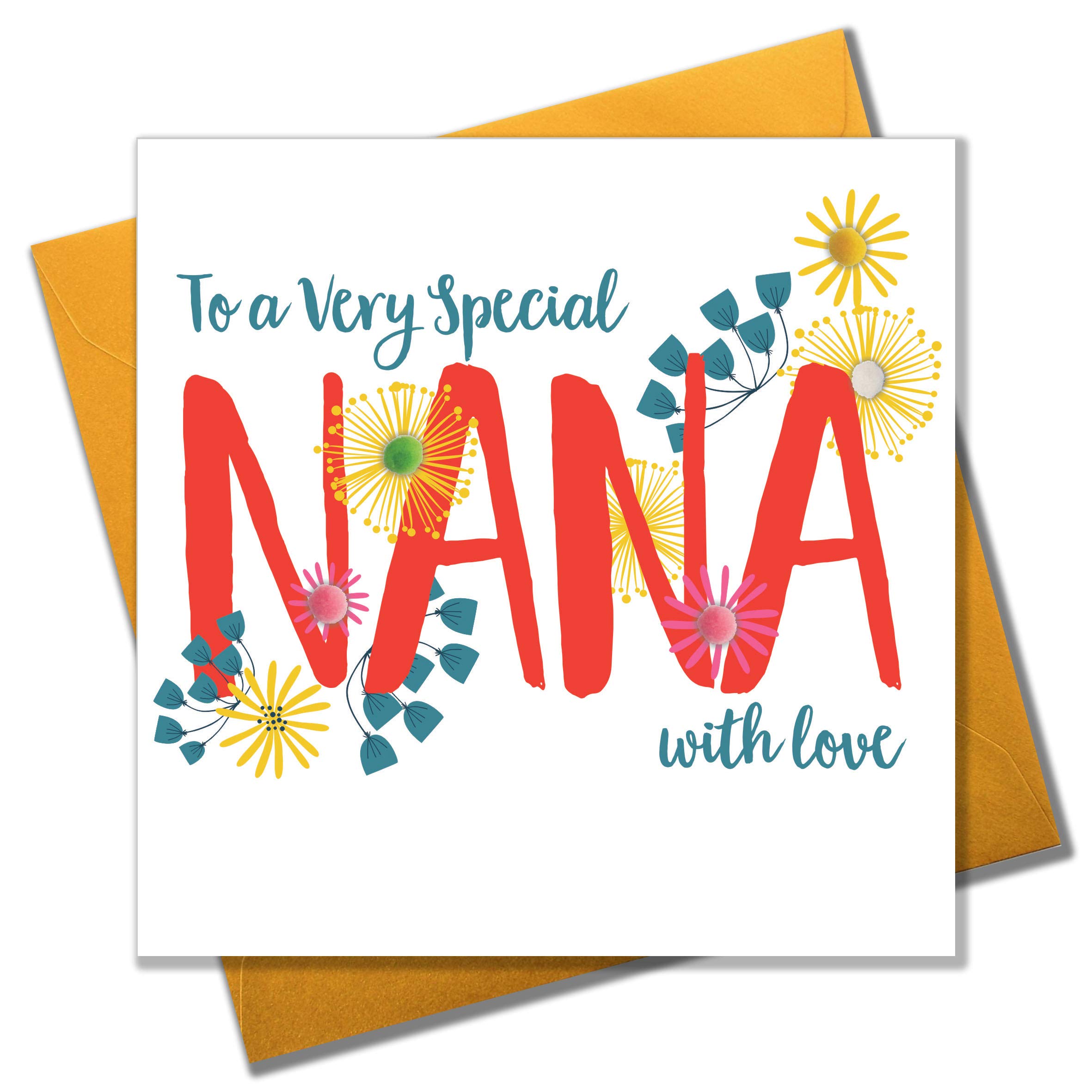 Claire Giles Greeting Cards, Happy Birthday Nana Card, Flowers design Birthday Greeting Card, Embellished with colourful Pompoms