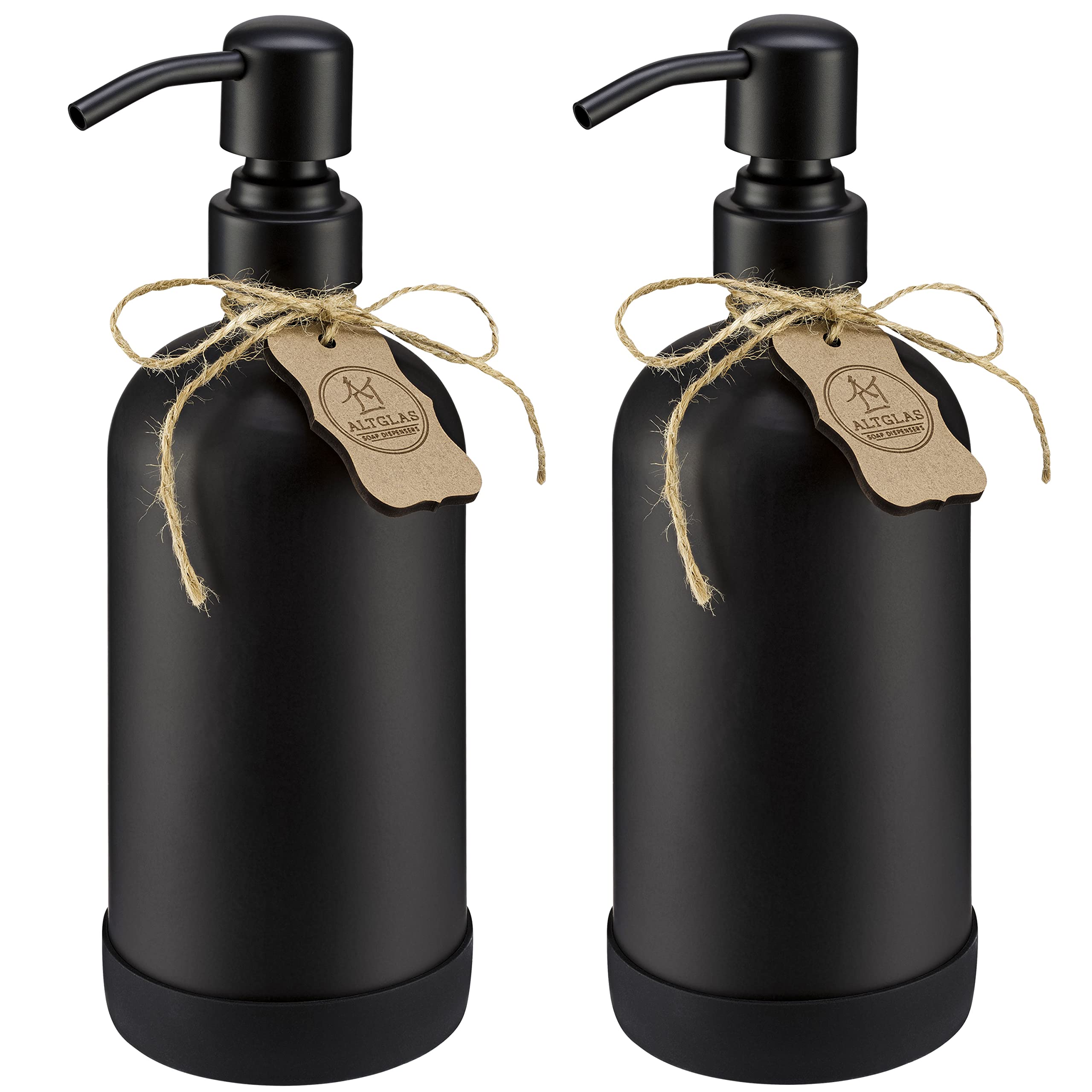 ALTGLAS Refillable Glass Soap Dispenser 'Sarajevo' from Black Bottle with Stainless Steel Pump and Silicone Coaster (500ml, Set of 2)