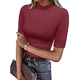 ANRABESS Women Tops Mock Neck 1/2 Short Sleeve Slim Fit Basic Tee Shirts Dressy Work Business 2026 Summer Fall Casual Outfits