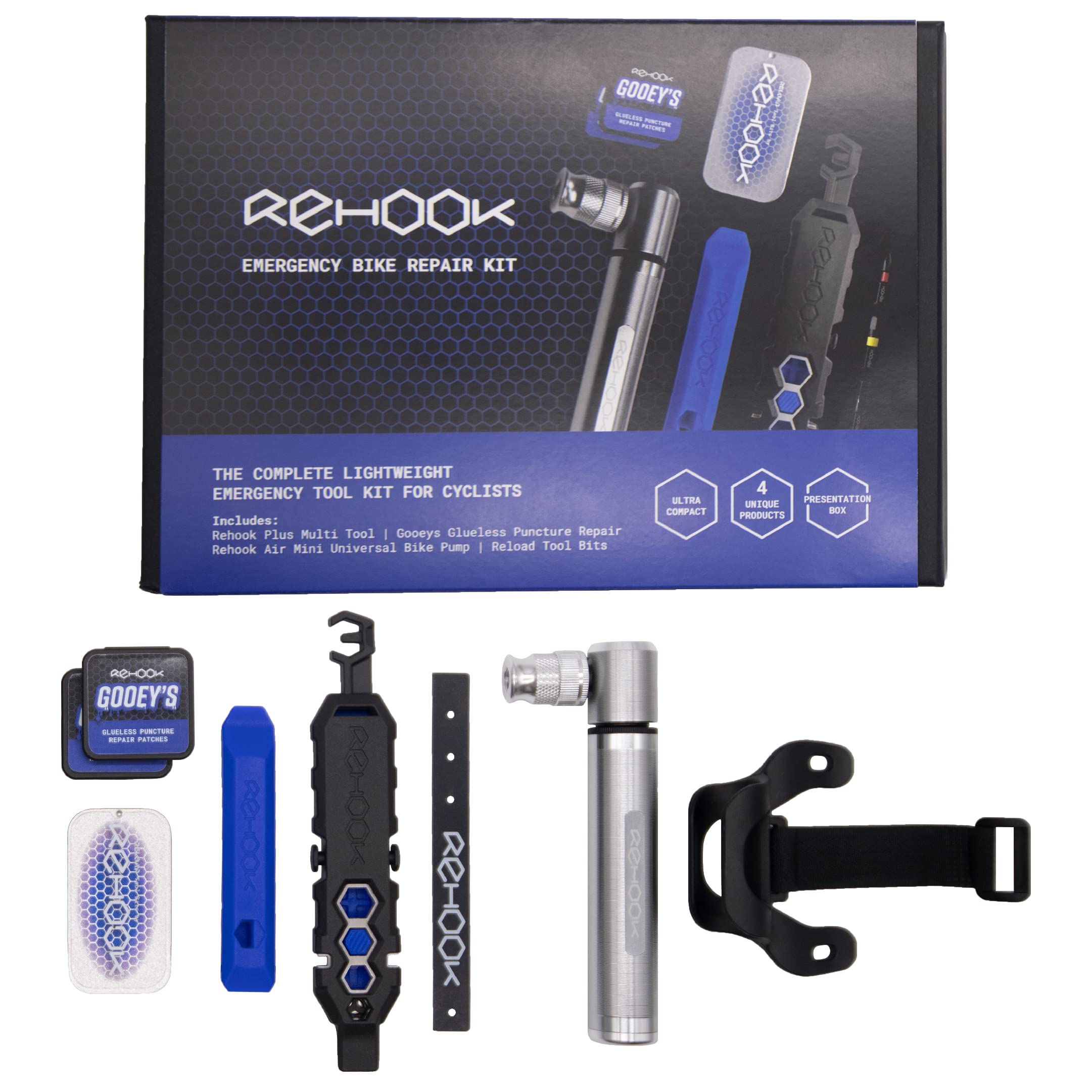 Rehook Emergency Bike Repair Kit | Complete Lightweight Emergency Cycling Toolkit | Plus Multi-Tool, AIR Bike Pump, Tyre Levers, Glueless Puncture Repair Patches | UK Made Tools