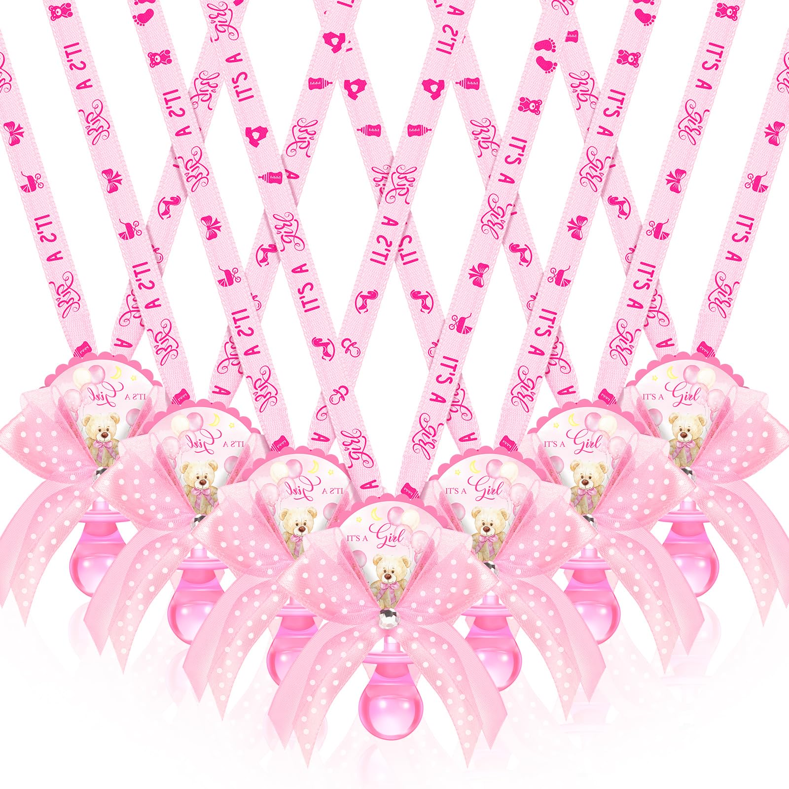 Photo 1 of Hotop 36 Pcs Baby Shower Pacifier Necklace Cute Bear Acrylic Baby Party Favors Pacifier Charm Necklace for Girls Boys Shower Party Decoration Table Pieces(Pink,Girl)