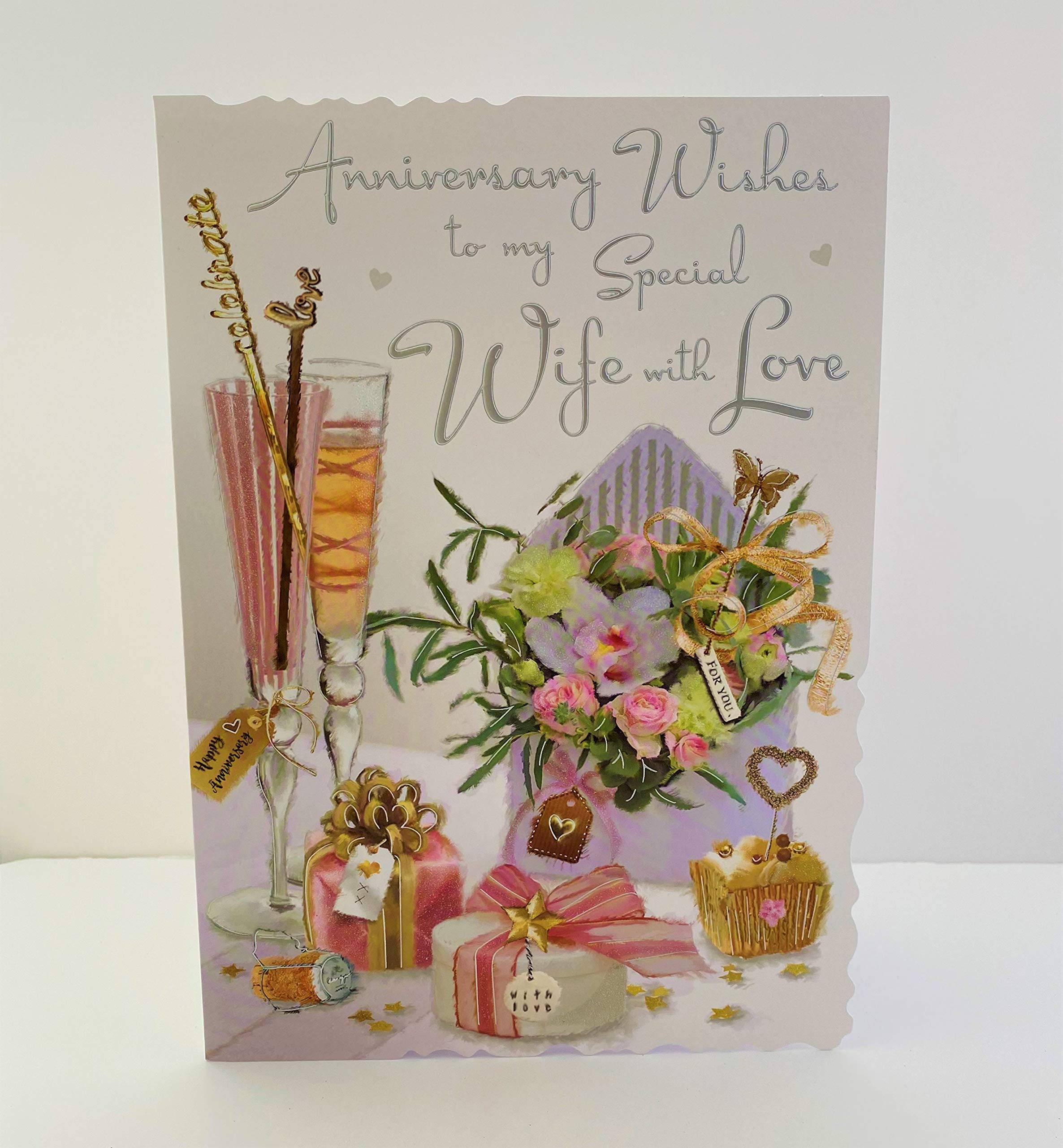 Jonny Javelin Large Special Wife Anniversary Wishes Card - Champagne Flowers
