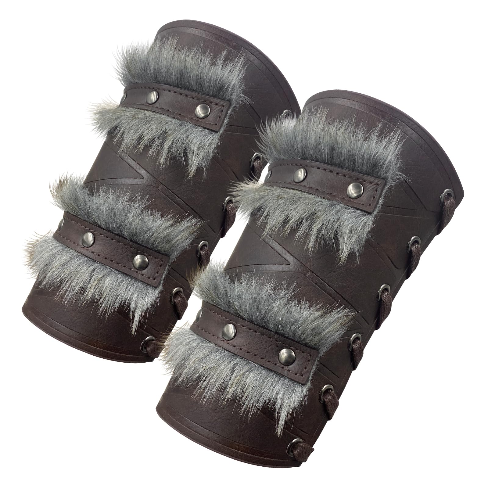 HiiFeuer Nordic Viking Barbarian Arm Guards, Medieval Artificial Fur Gauntlets, Vintage Faux Leather Bracers for LARP (Brown A)