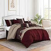 Chezmoi Collection Napa 7-Piece Luxury Leaves Scroll Embroidery Bedding Comforter Set (Queen, Burgundy/Taupe/Brown)