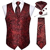 DiBanGu Mens Vest and Tie Set Formal Paisley Waistcoat and Necktie Pocket Square Cufflinks Silk Suit Vest for Tuxedo Wedding