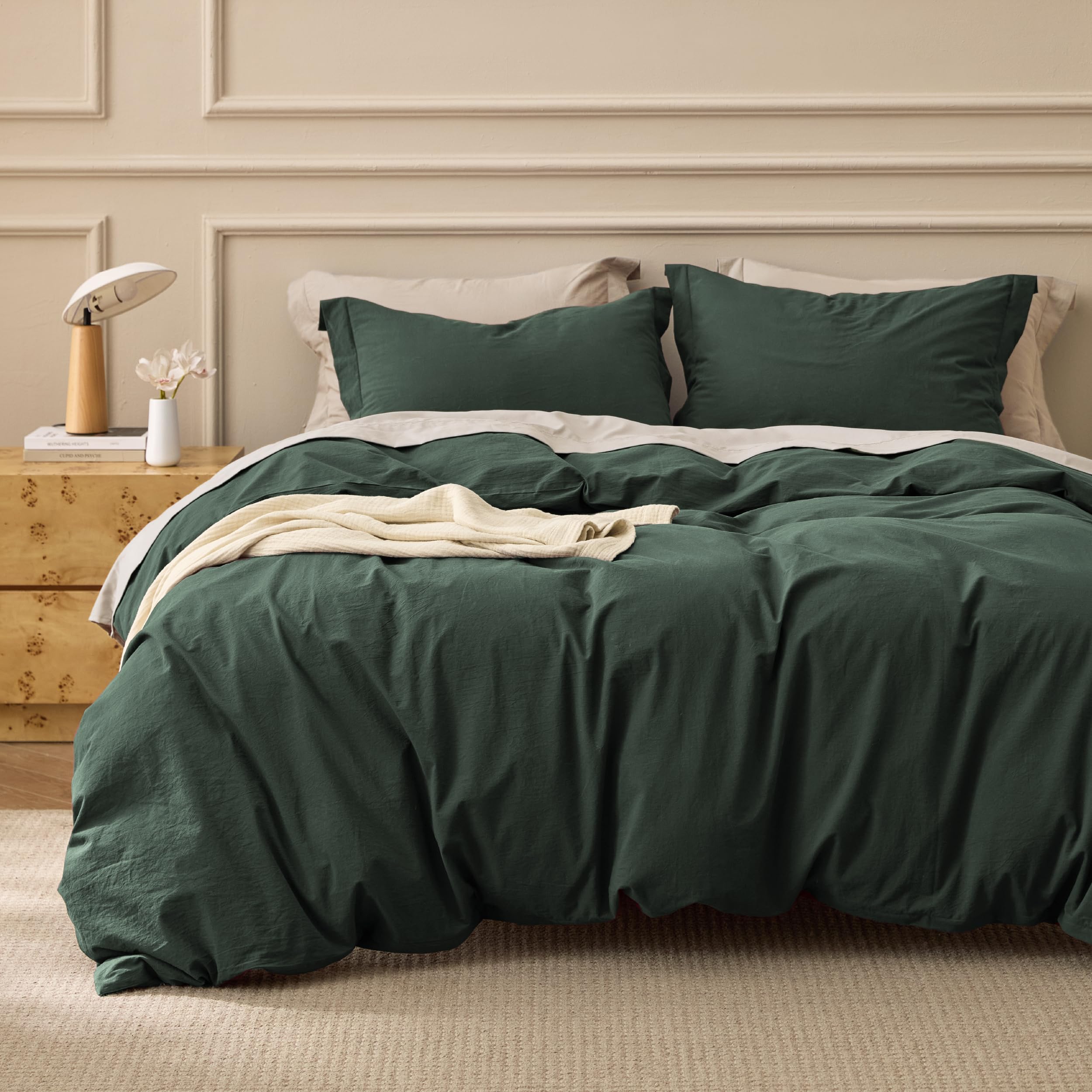 Photo 1 of Bedsure 100% Washed Cotton Duvet Cover King Size - Forest Green Minimalist Bedding Set Linen Like - PureWoven Plain Simple & Soft Comforter Cover for All Seasons (Forest Green, King, 104"x90")