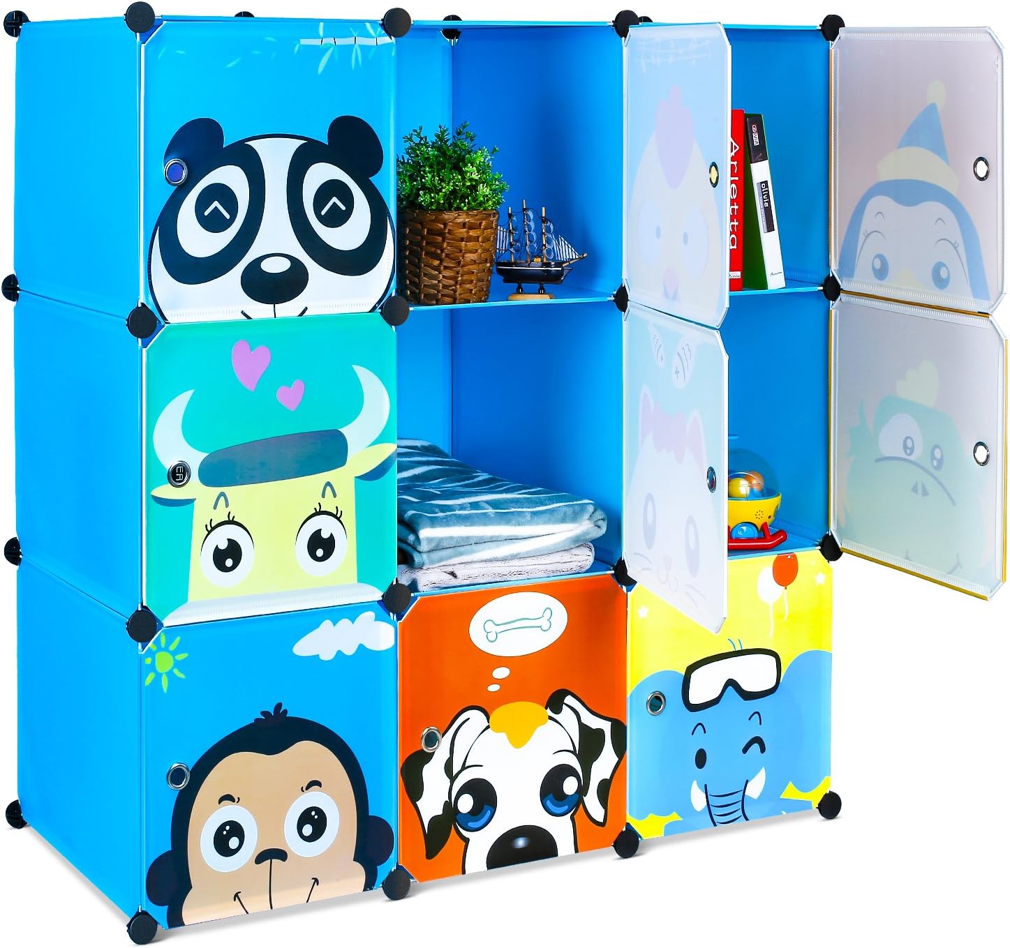 Bamny 9 Cubes Wardrobe Children's Storage Unit, Cute Animal Cubes for Bedroom, Adjustable Children's Wardrobe with Coat Hooks for Clothes, Books, Toys, Accessories(Blue)