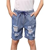 SOLY HUX Boy's Ripped Jeans Drawstring Elastic Waist Straight Leg Denim Shorts Summer Bermuda Shorts