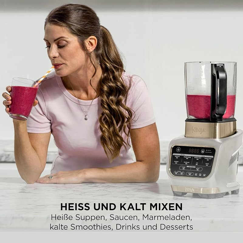 Foodi Mixer & Suppenbereiter, 10 Auto-iQ-Programme, 1,7L Glaskrug, heißer & kalter Mixer, integriertes Heizelement, Stampfer, Reinigungsprogramm & Bürste, 1000W, Stone/Gold HB150EUSTGD