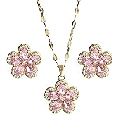 Delicate Zircon Flower Necklace Earrings Jewelry Set - 18K Gold Plated Stainless Steel Lip Chain Choker S925 Silver Needles Stud Earrings for Women, Luxury Accessories Gifts, Packed with Box